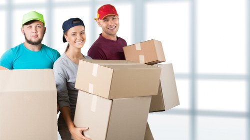 Professional movers loading boxes safely into a removal vehicle
