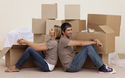 Packed student belongings ready for removal in Chiswick